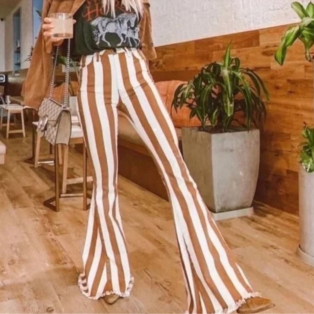 Altar’d State Brown Cream Striped Flare Pants Bell Bottom Size Small